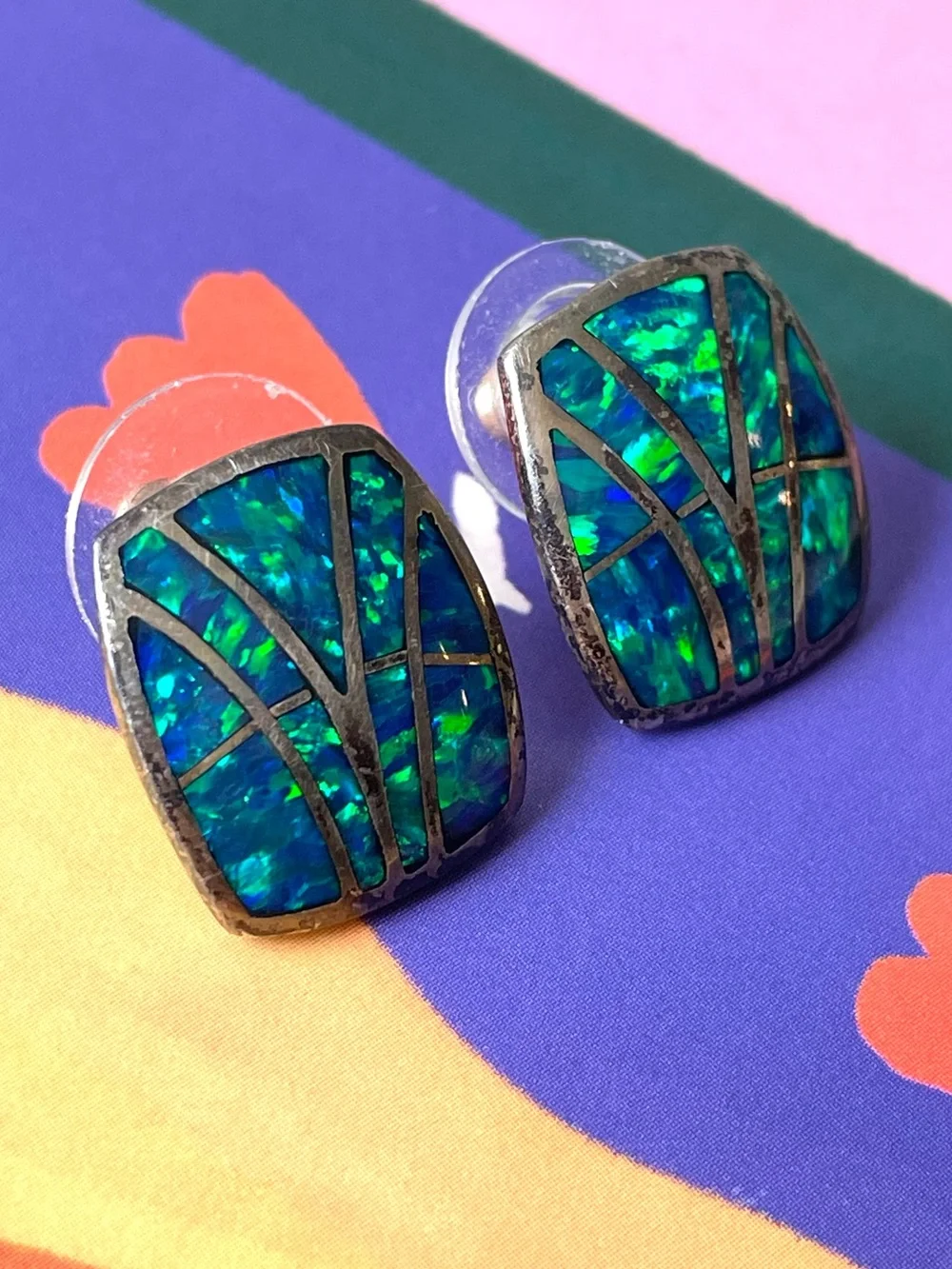 Vintage stamped sterling silver & blue green opal (?) inlay earrings